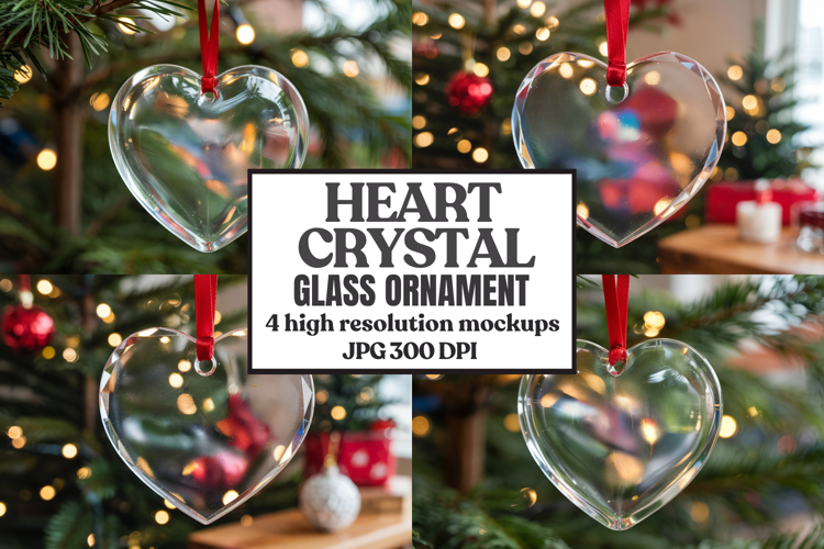 Christmas Heart Crystal Glass Ornament Mockup | Clear Heart