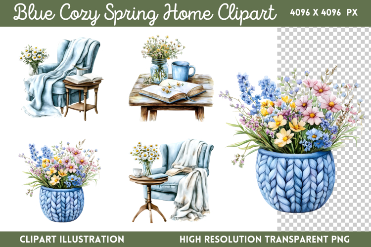 Blue Cozy Spring Home Clipart PNG