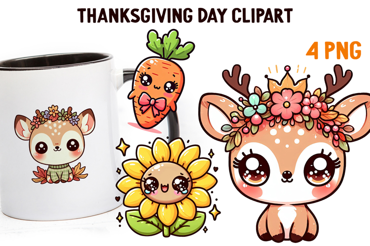 Cute Kawaii Thanksgiving Clipart | Fall Pumpkin Turkey PNG