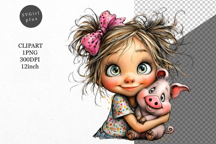Girl and piglet Day Clipart, Whimsical Clipart