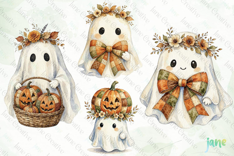 Autumn Patchwork Ghost Clipart example image 1