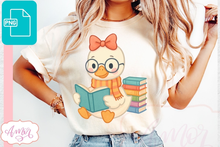 Book lover PNG design, Fall duck reading PNG design