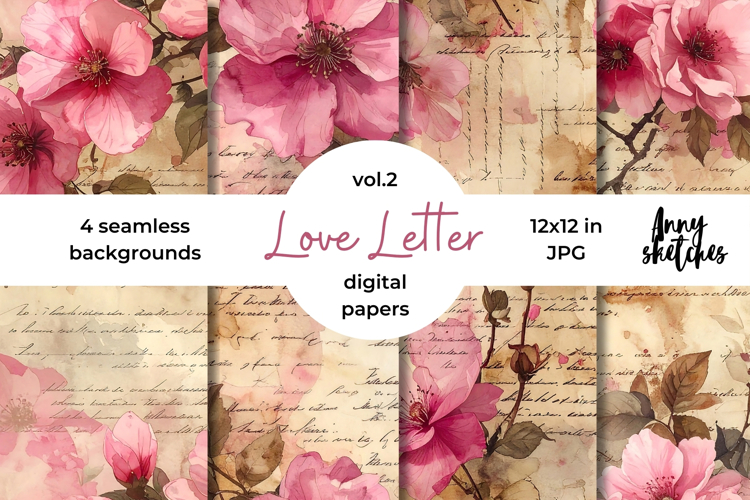Love Letter Valentine Digital Paper Kit Rococo Patterns