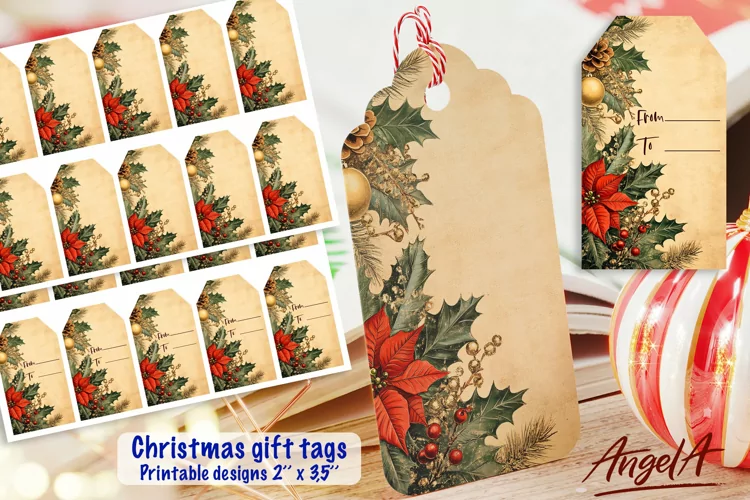 Printable Christmas gift tags PDF / poinsettia / retro paper