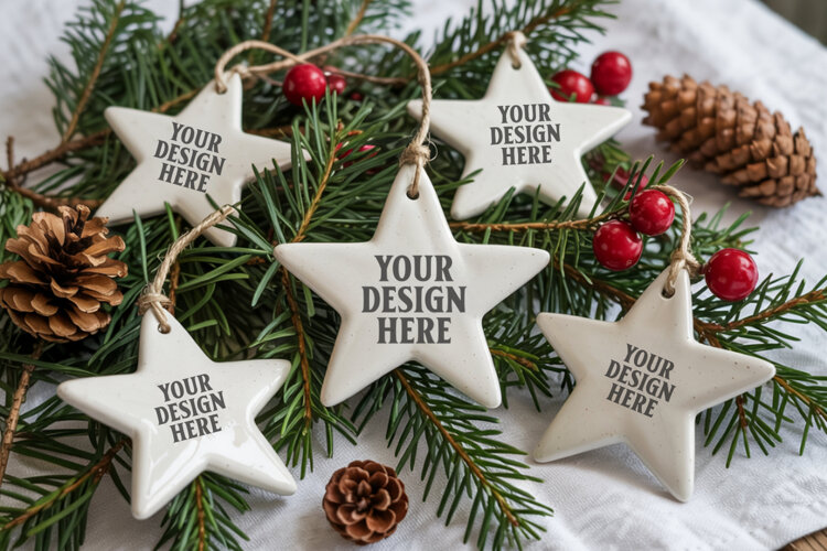 Christmas Star Ceramic Ornament Mockup | Cozy Boho Holiday D example image 1