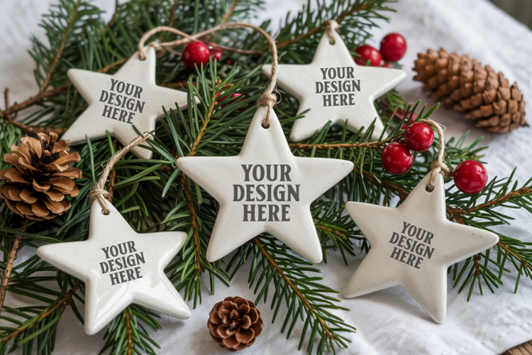 Christmas Star Ceramic Ornament Mockup | Cozy Boho Holiday D