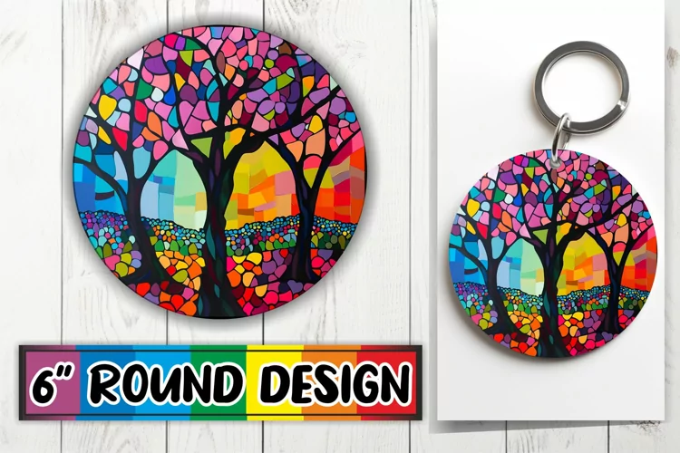 Colorful Stained Glass Tree Keychain Design Sublimation