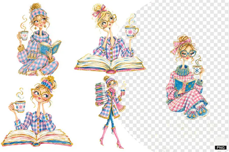 Winter Girl Love Coffee & Reading PNG