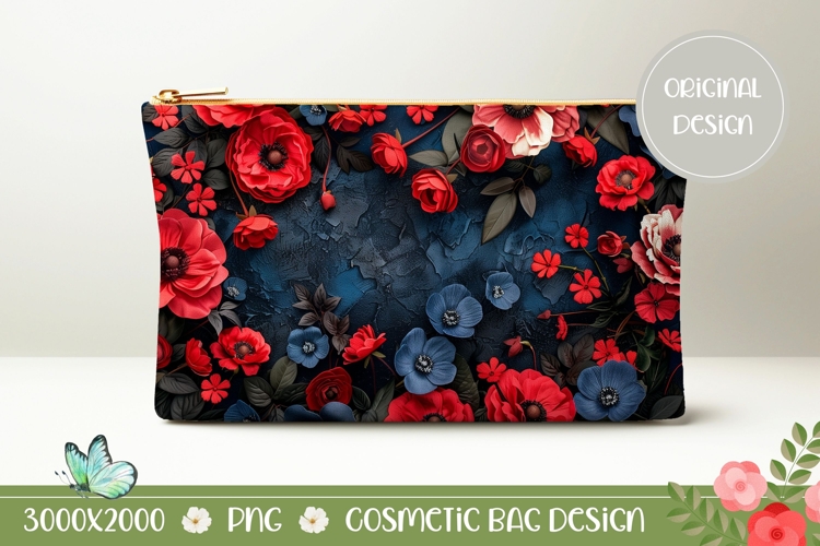 Red Flowers Cosmetic Bag Print, Dark Blue Cosmetic Bag