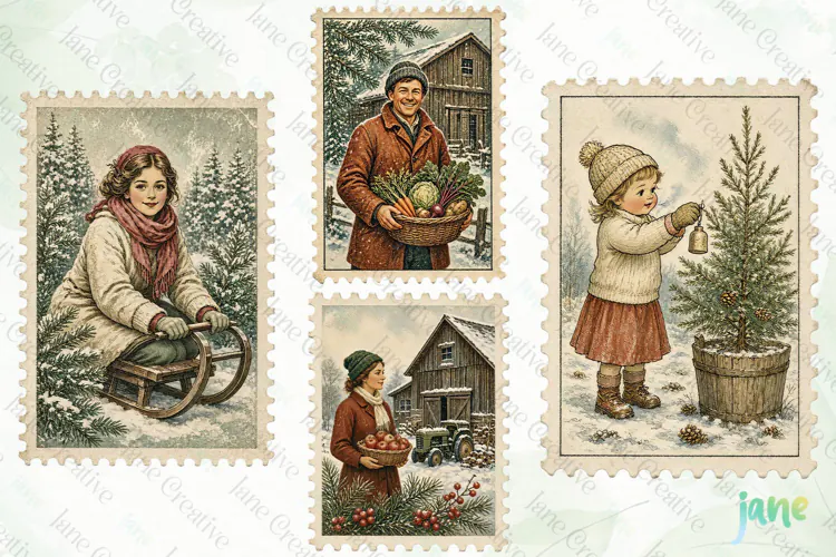 Vintage Winter Postage Stamp Clipart