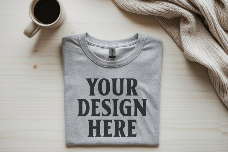 Gildan 64000 Heather Grey Folded T-Shirt Mockup | Flat Lay U