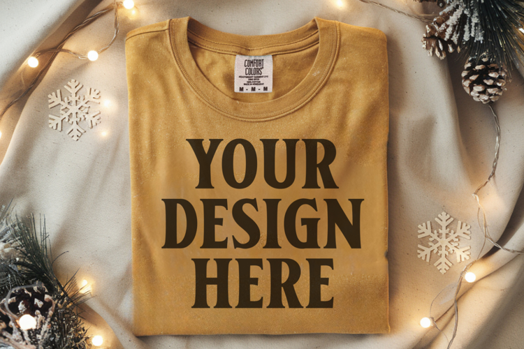 Mustard Comfort Colors 1717 Christmas Folded T-Shirt Mockup