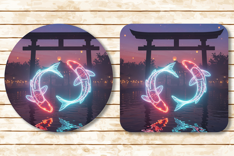Neon glowing koi fish . Coaster sublimation design.