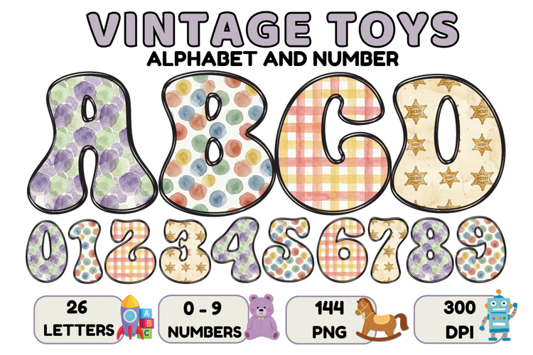 Vintage Toys Alphabet and Numbers PNG 300 DPI