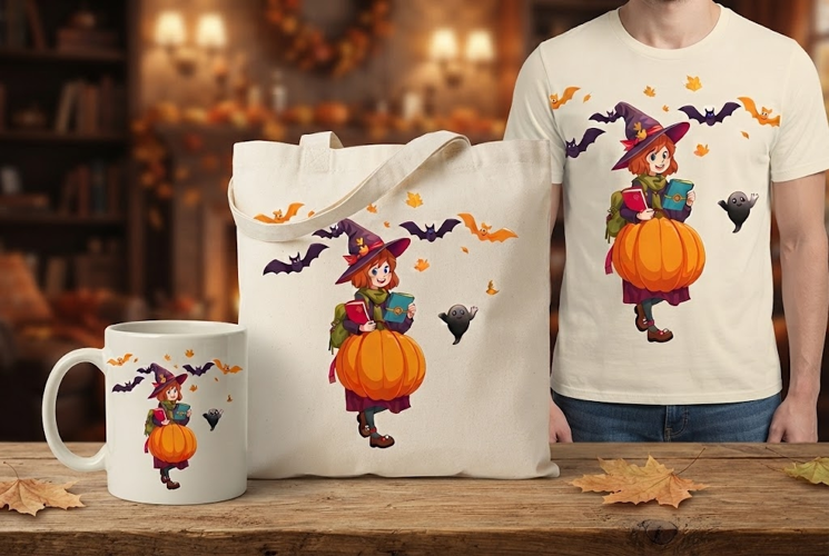 Halloween Witch Reading PNG | Pumpkin Bat Autumn Clipart