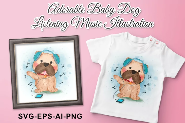 Adorable Baby Dog Listening Music Watercolor Illustration