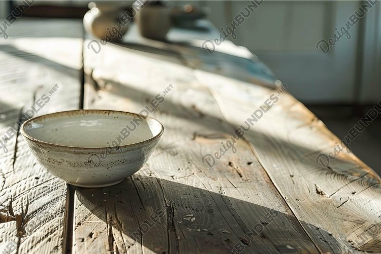 Rustic ceramic bowl on aged wooden table in sunlight