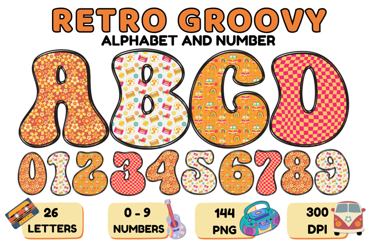 Retro Groovy Alphabert PNG 70s Numbers & Letters 300 DPI