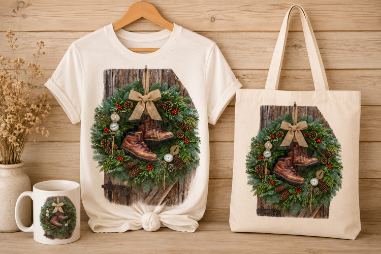 Hiking Boots Christmas Wreath Holiday Art Print PNG