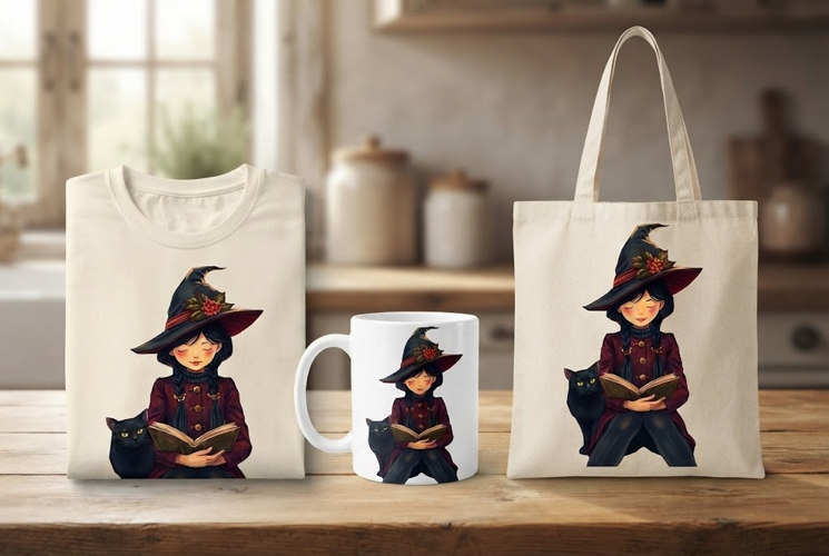 Halloween Witch Reading PNG | Black Cat Cozy Book Clipart
