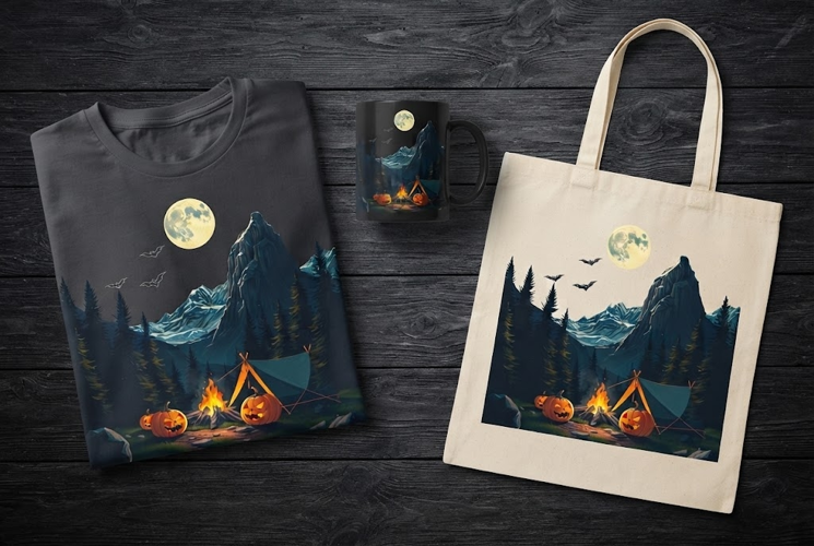 Halloween Mountain Camping Design with Campfire and Pumpkins