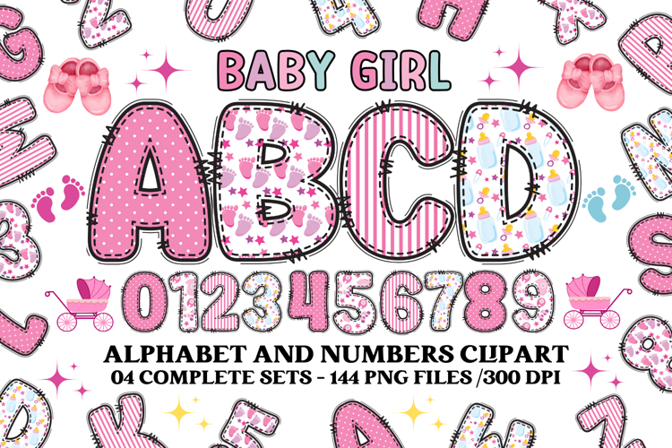 Baby Girl Alphabet, baby girl letters doodle, baby clipart