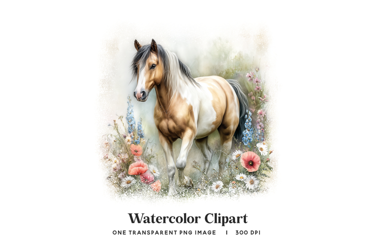 Bay Tobiano Horse Floral Meadow PNG Clipart Paint Equine Art