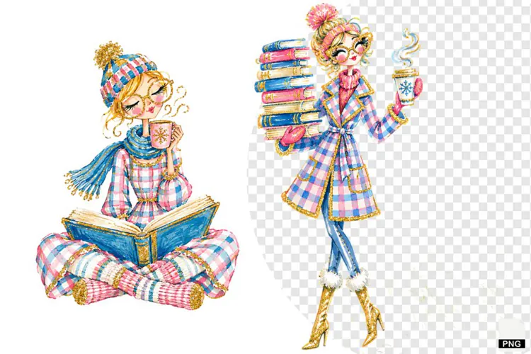 Winter Girl Love Coffee & Reading PNG