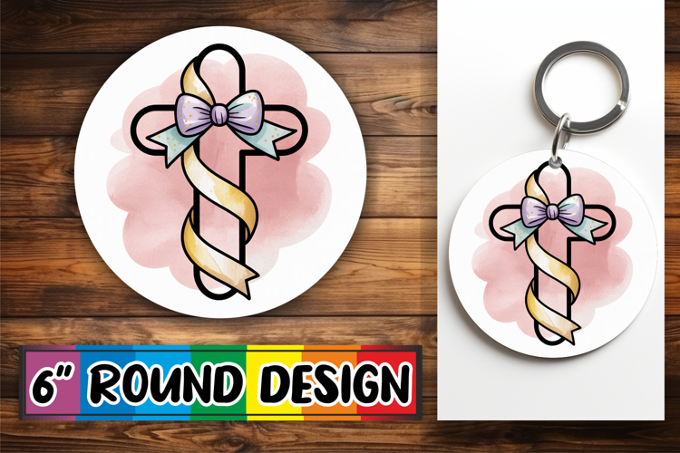 Whimsical Circle Keychain Sublimation PNG, Cross and Bow