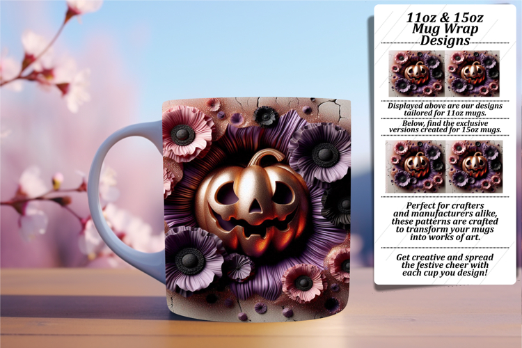 Charming 11oz Mug Wrap Png Design , 3D Pumpkin