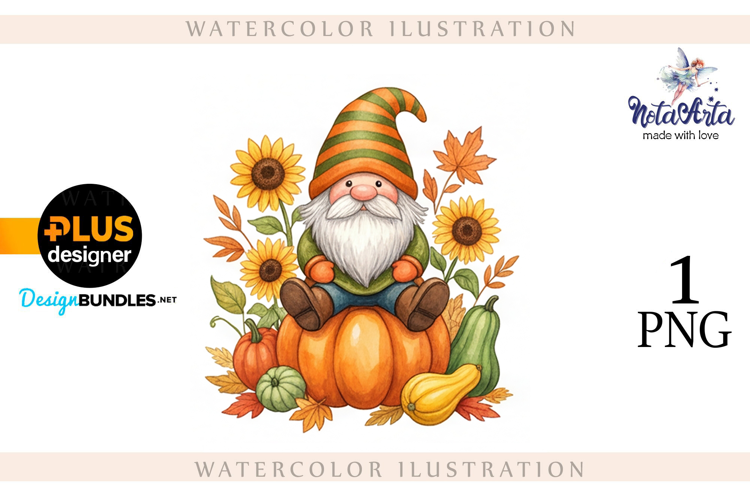 Gnomes with Pumpkin Harvest in Watercolor Style