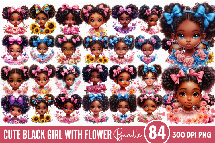 Cute Black Girl with Flower Clipart Bundle PNG