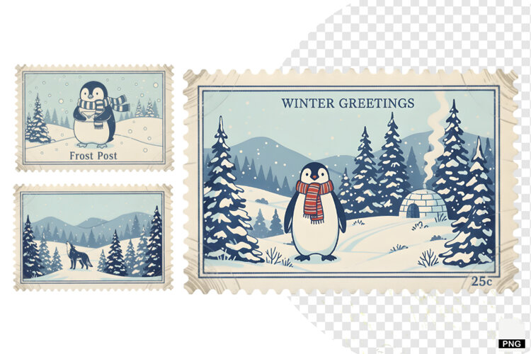 Vintage Winter Postage Stamps Clipart example image 1