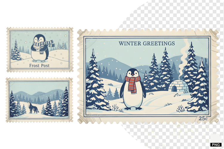 Vintage Winter Postage Stamps Clipart