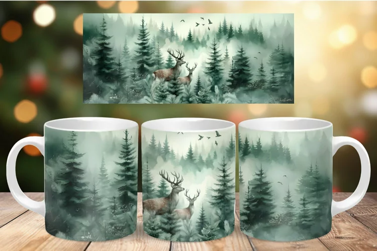 Mug Wrap Sublimation - misty forest with deer