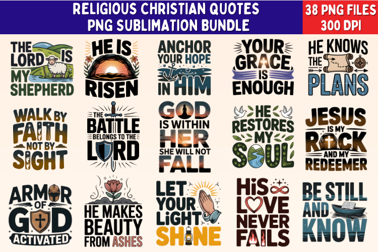 Christian Quotes PNG Sublimation Bundle | 38 Religious PNGs