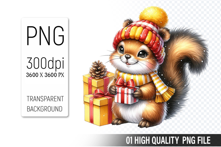 Christmas Squirrel Clipart PNG, Watercolor Christmas Animals
