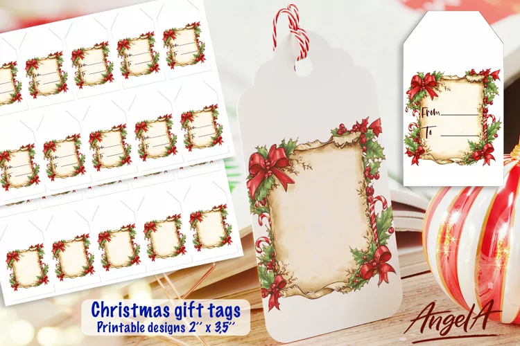 Printable Christmas gift tags, holly leaves, papyrus PNG