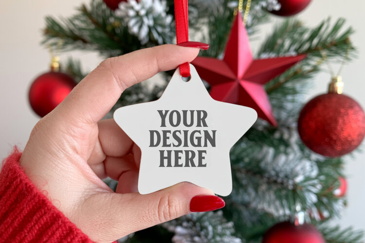 Christmas Star Ceramic Ornament Mockup | Cozy Boho Holiday D example image 1