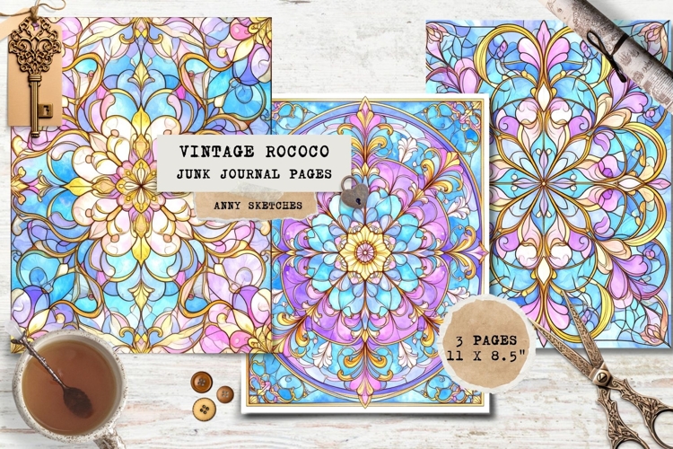 3 Rococo Stained Glass Page Floral Ornate Junk Journal