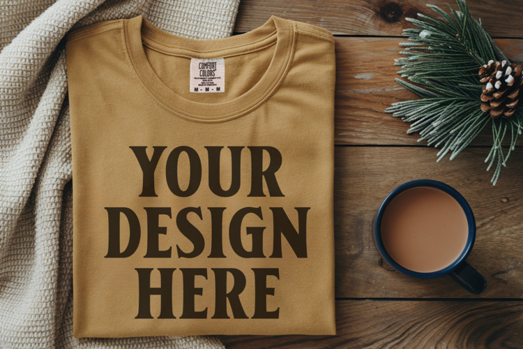 Mustard Comfort Colors 1717 Christmas Folded T-Shirt Mockup