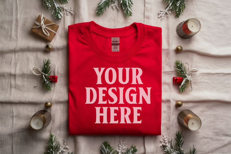 Gildan 5000 Red Folded Christmas Mockup, G5000 mockup