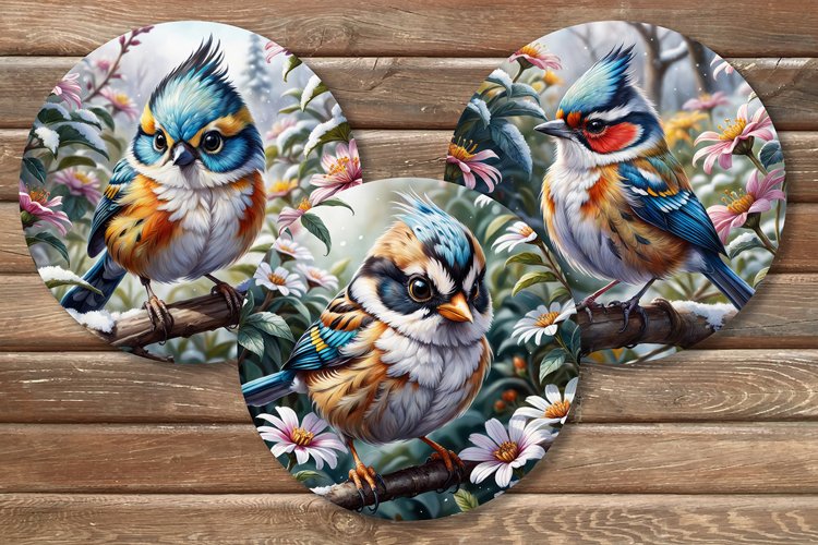 3 Happy Chibi Birds. Coaster sublimation design. example image 1