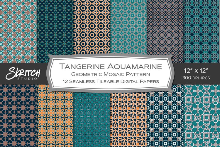 Tangerine Aquamarine Mosaic 12 Tileable Digital Patterns