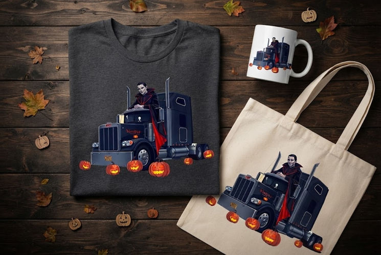Vampire Trucker Halloween Design with Pumpkins