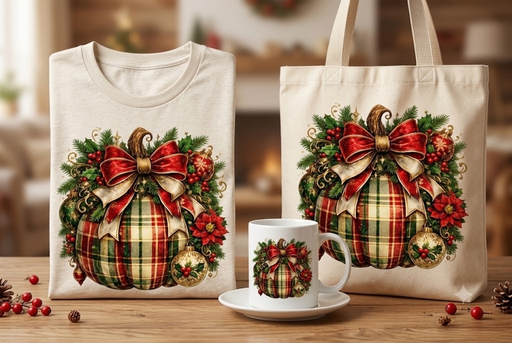 Christmas Plaid Pumpkin PNG, Rustic Holiday Pumpkin,
