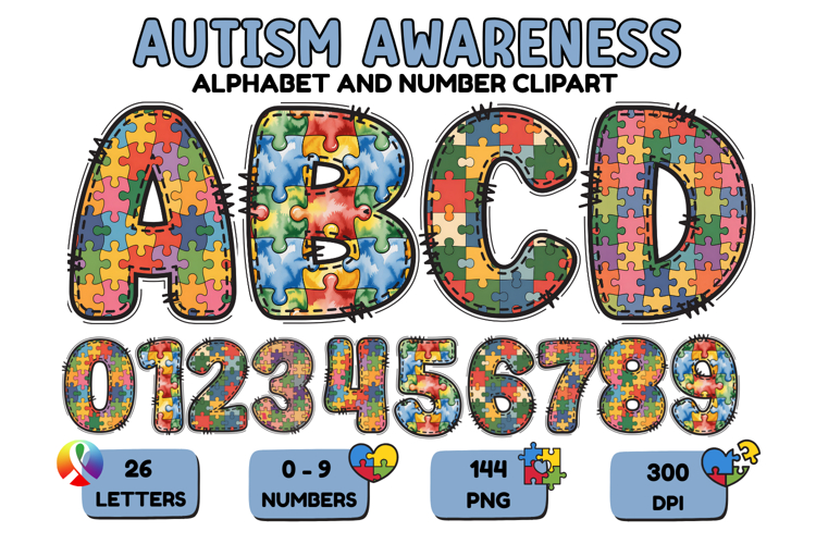 Autism Awareness Doodle Letters Puzzle Piece Alphabet PNG