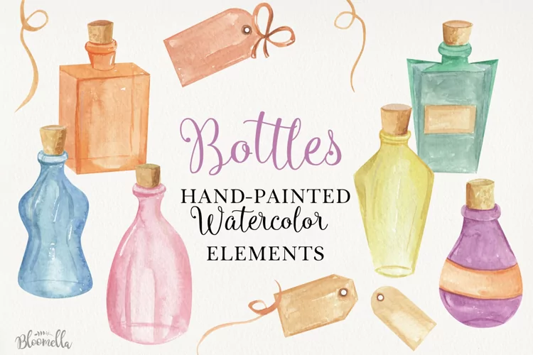 Bottles & Tags Watercolor 13 Elements Labels Ribbons Potions