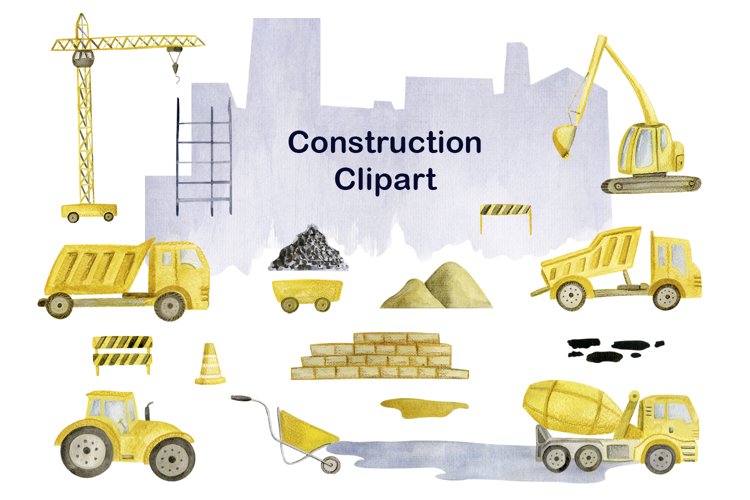 Watercolor Construction Clipart, Cityscape png, vechicles example image 1