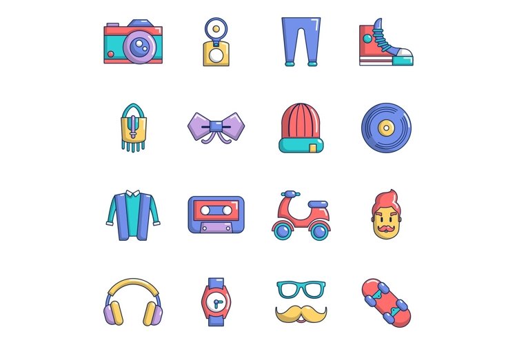 Hipster symbols icons set, cartoon style